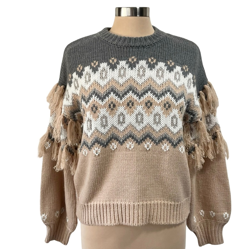 525 America Fair Isle Knit Sweater Grey Tan Sz S Fringed Sleeves Boho Western